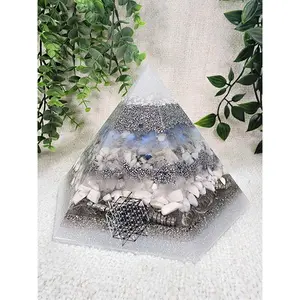 WINTER SOLSTICE - Special Edition Hexagonal Pyramid! - EMF Protector - Opalite, Moonstone, White Quartz, Howlite Crystals, with Aluminum Metal, White Brass and Real Silver Flakes