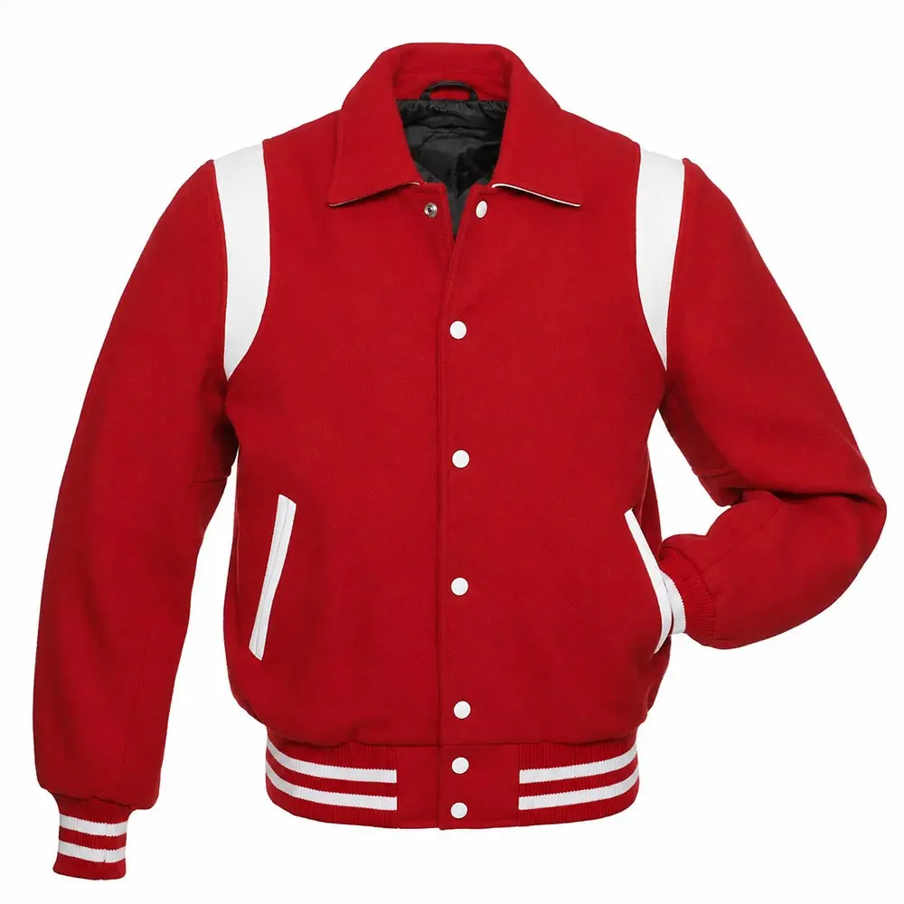 Red Wool Varsity Jacket w/ White Shoulder Inserts