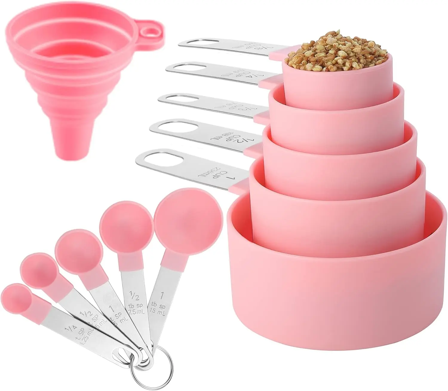 Measuring Cups and Spoons Set, Kitchen Gadgets 10 Pieces, Stackable Stainless Steel Handle Measuring Cups for Measuring Dry and Liquid Ingredient (Pink), Utensils