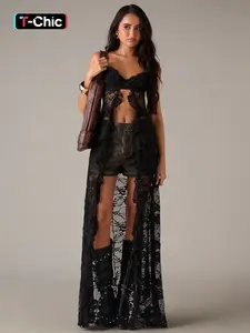 Women's Lightweight Adjustable Strap Heart Neckline Split Front Sheer Lace Long Dress, Bright Color Lace Off-Shoulder Top Fit, Elegant, Feminine