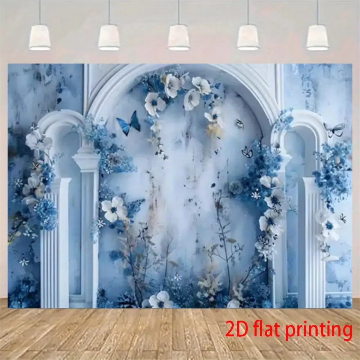 2D Flat Self-Adhesive Tapestry - Sophisticated Blue Floral & Butterfly Design, Light Blue & White Large Flower Arch, Wallpaper-Like Texture, Music-Infused Room Art, Artwork Panel Tapestry for Wedding Home Decor, Artwork Panel Tapestries