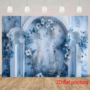 2D Flat Self-Adhesive Tapestry - Sophisticated Blue Floral & Butterfly Design, Light Blue & White Large Flower Arch, Wallpaper-Like Texture for Wedding, Party Decoration, Room Home Decor