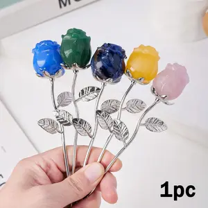 Natural Crystal Rose Carving Stone Ornament, Crystal Carvings, Home Decor Indoor Scenery Decoration, Valentine's Day Gift, Single Head Flower Sculpture, Unique Crystal Design