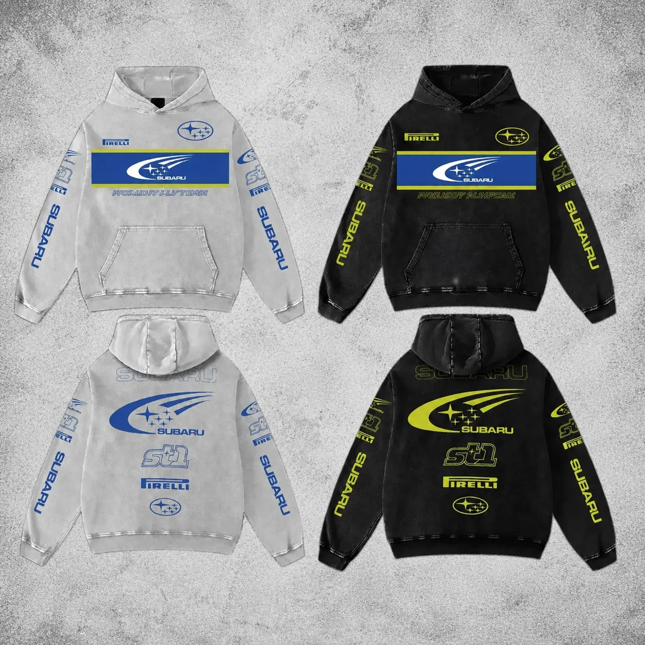 Subaru St1 Racing Retro Unisex Acid Washed Hoodie Motor World Champion Enthusiast Apparel Streetwear Helmet Racing Team Super Motorsports Clothing Riders Motocross Off-Road Dirt Bike Fan Gear Cotton For Motor Fan