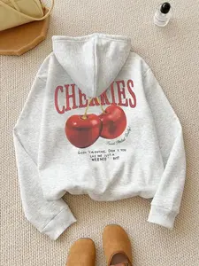 Women's Cherry Print Drop Shoulder Hoodie, Fashion Casual Letter Print Kangaroo Pocket Hooded Sweatshirt for Daily Holiday Outdoor Wear, Women Clothing for Fall & Winter