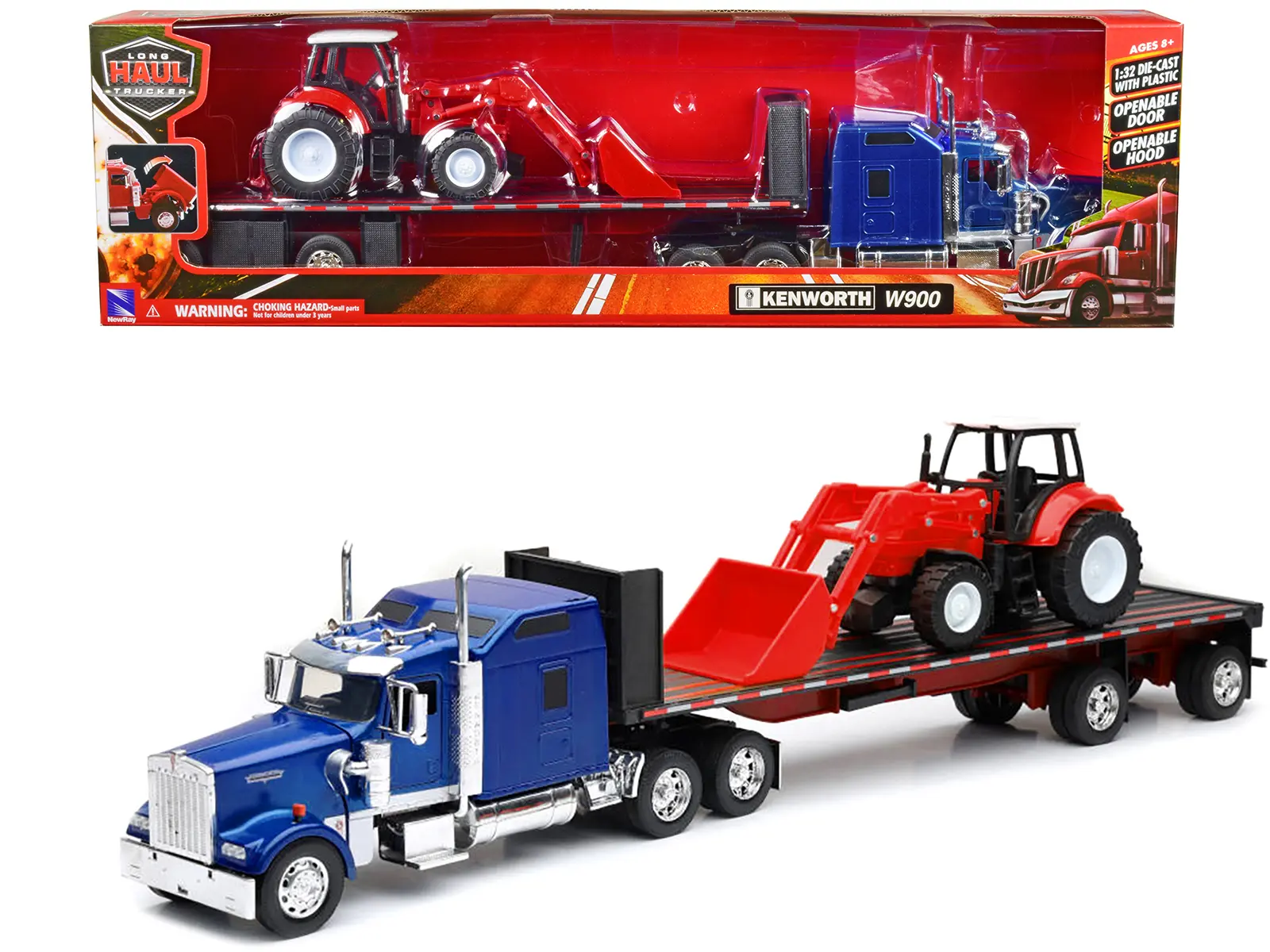 Kenworth W900 Truck with Flatbed Trailer Blue Met. w/Farm Tractor Red "Long Haul Truckers" Series 1/32 Diecast Model by New Ray