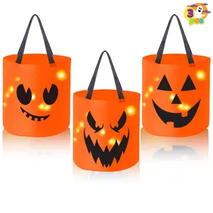 3 PCS Halloween Candy Bag,Led Light Pumpkin Candy Buckets for Kids,Halloween Trick or Treat Bucket with Pumpkin Smile Face for Halloween Party Favors Goodie Bags