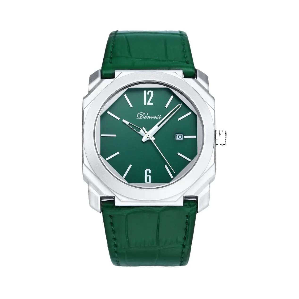 Octagonal Case Men's Quartz Watch, Minimalist Business Wrist Watch with Crocodile Embossed Leather Strap, Calendar Date Window, Waterproof Dress Watch for Gentlemen,