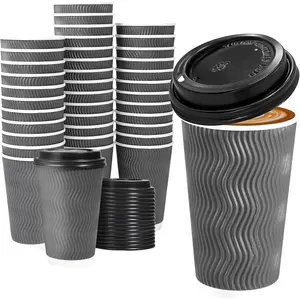 50 Pack 16 oz Insulated Disposable Coffee Cups with Lids, To Go Paper Coffee Cups with Lids, Corrugated Ripple Wall Cup for Hot Drink, Office, Coffee Bar