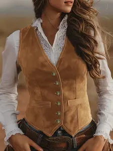 Elegant Vintage Solid Color Metal Button V Neck Sleeveless Women's Faux Fur Vest, Multi-Season Fashionable Outerwear