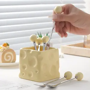 Ceramic Fruit Fork Coffee Spoon Set, Creative Cheese Storage Jar, Ball Bead Dessert Fork Spoon, 1 Cup + 1 Spoon + 3 Forks