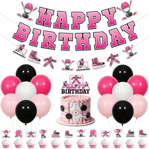Pink Ice Hockey Birthday Decorations, Cake Toppers, Letter Banner, Paper Garland & Balloons, Girls Hockey Theme Party Decor for Birthday Dessert Table, Pho