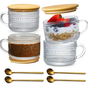 Vintage 4/8 Pcs Clear Glass Tea Mugs 14oz with Lids & Spoons Perfect Iced Coffee Tumbler Housewarming Gift Drinkware Classic Touch