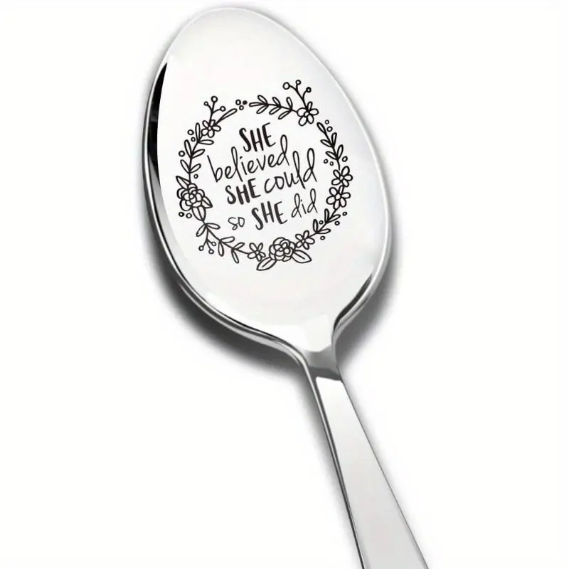 Stainless Steel Tea Spoon, 1 Count Flower Pattern Coffee Spoon, Inspirational Slogan Engraved Coffee Spoon, Perfect Gift for Women, Cutlery Tableware, Teaspoons