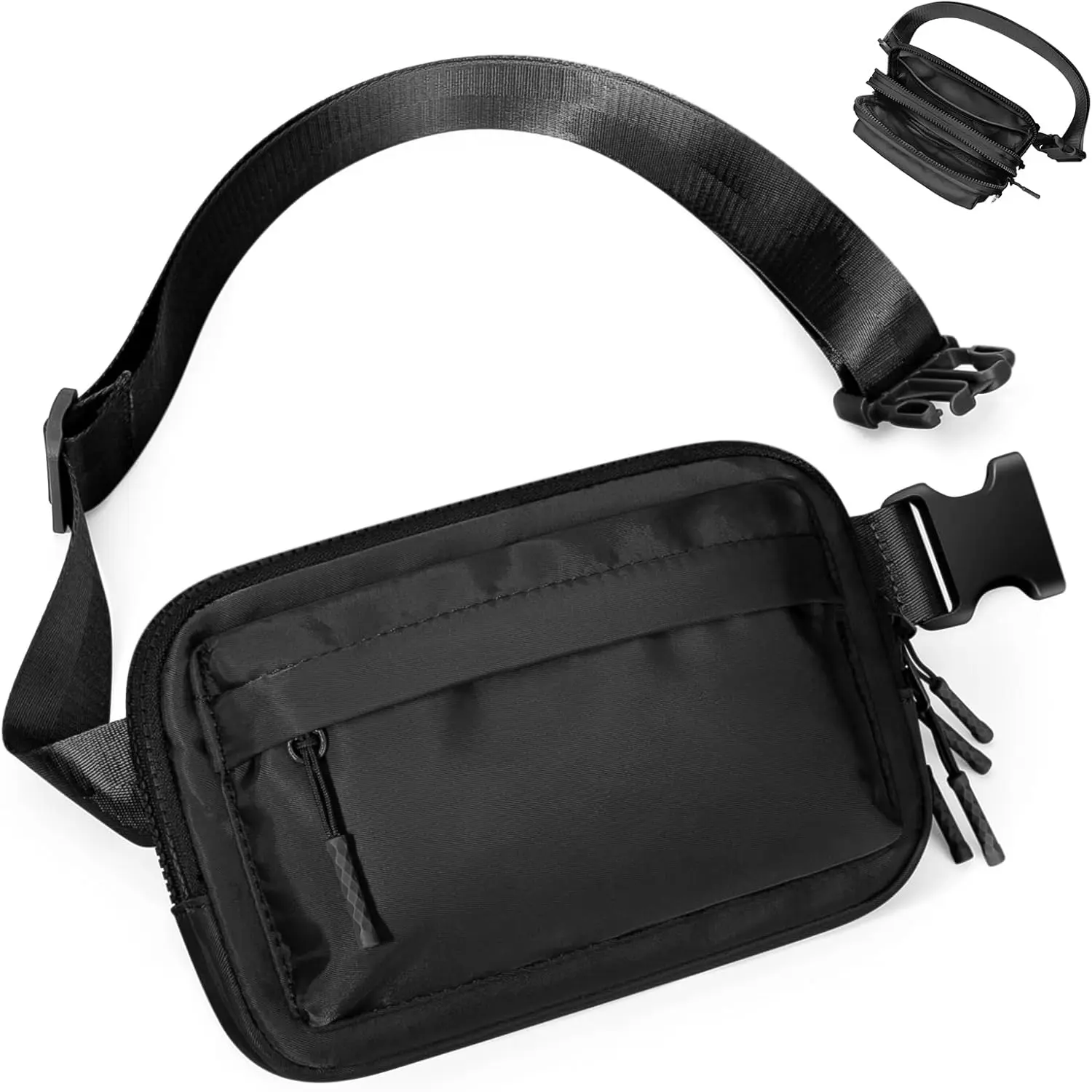 Fanny Packs for Women Men,Belt Bag with 4 Zipper Pockets, Crossbody Bag,Fashion  Packs with Adjustable Long Strap for Workout/Running/Yoga/Shopping/Hiking,Black