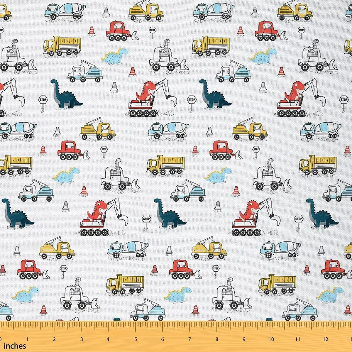 Cartoon Dino Truck Fabric,Construction Vehicle Car Soft Flannel Polyester No Stretch Sewing,Cartoon Dinosaur Kawaii Animals Decor Home DIY Projects,,Waterproof