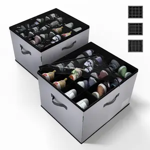 DEVEHOME Shoe Organizer for Closet 2-Pack Foldable Fabric Storage Boxes with Clear Lid Adjustable Dividers Fits 32 Pairs Gray Space-Saving Design