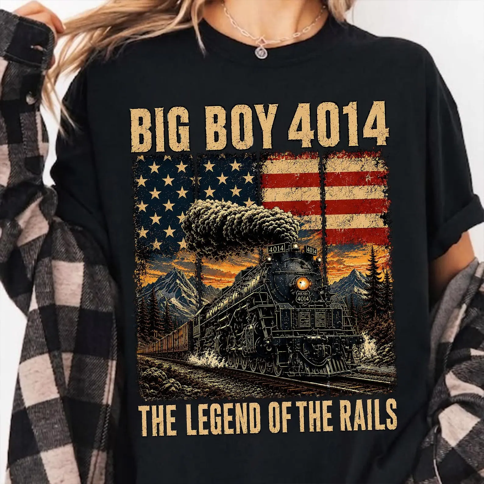 Big Boy 4014 The Legend of the Rails Shirt - Vintage Steam Train Locomotive Tee with Retro Distressed American Flag and Mountain Design