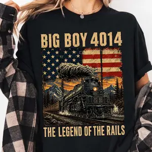 Big Boy 4014 The Legend of the Rails Shirt - Vintage Steam Train Locomotive Tee with Retro Distressed American Flag and Mountain Design