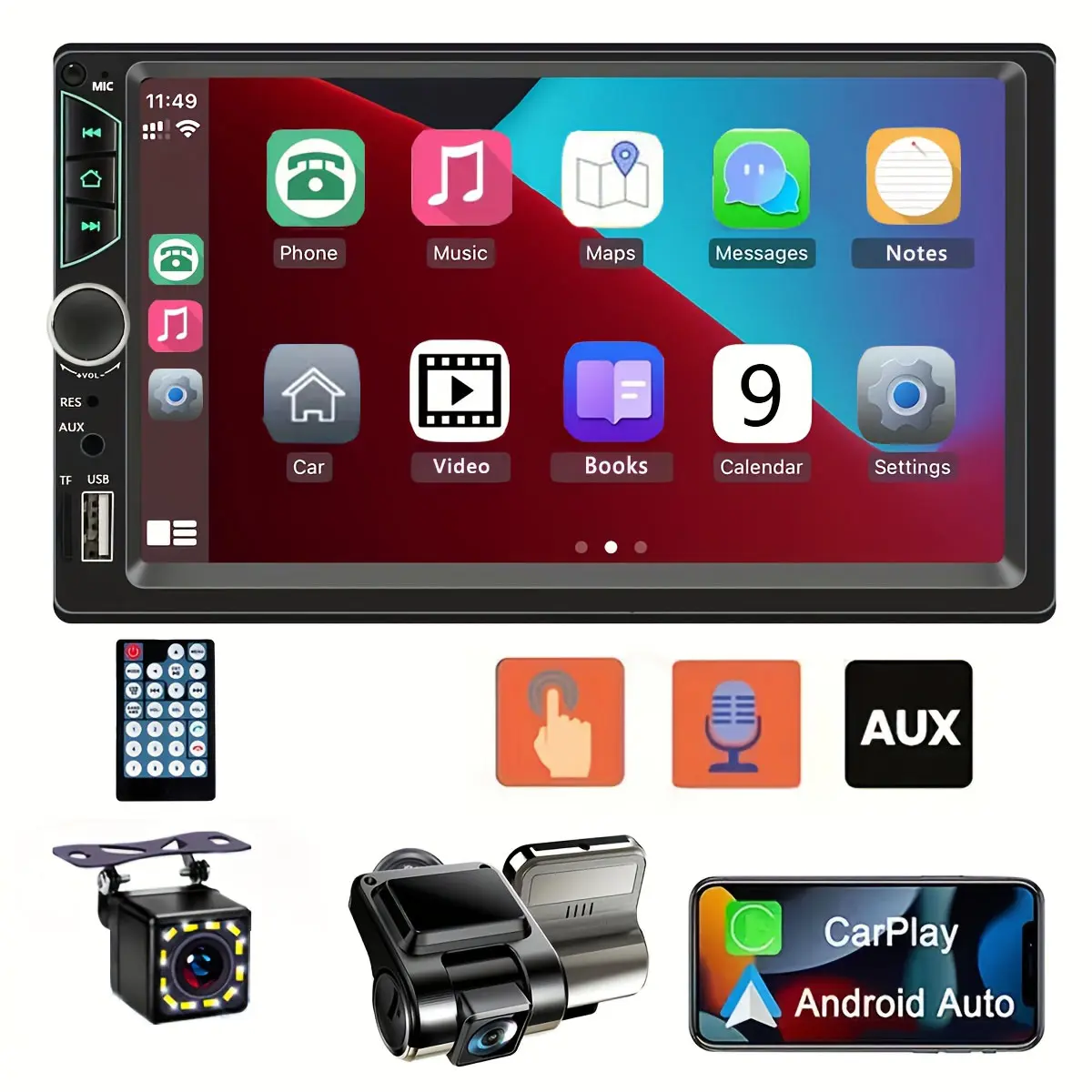 Double Din Car Stereo with Backup Camera & Dash Cam 7 inch Touch Screen Car Radio with Apple Carplay, Android Auto, Bluetooth, Mirror Link, Online GPS, FM, USB/TF/AUX