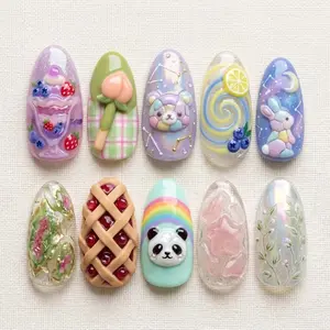 Pastel Kawaii Press On Nails 3D Dessert Animal Rainbow Panda Rabbit Ice Cream Star Sky