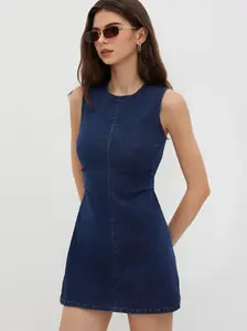 High Stretch Denim Ruched Zipper Mini Dress