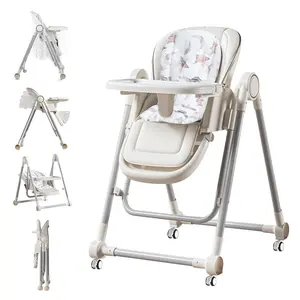 5 in 1 Baby High Chair Swing Combo, Foldable High Chair & Rocker for Babies 6–36 Months, Adjustable Height & Recline, Removable Washable PU Cushion, Double Detachable Tray, Lockable Wheels aesthetic  high  chair