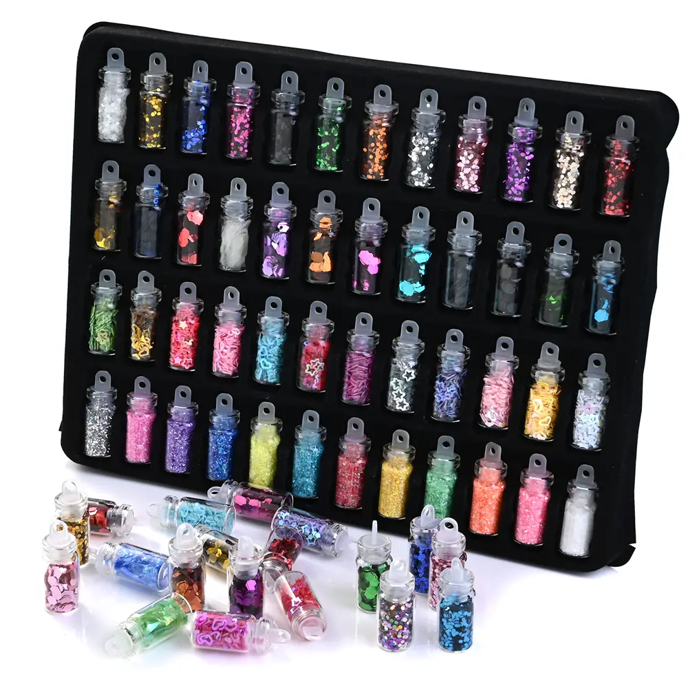 48-Piece Nail Glitter Pigment Powder Flakes Set with Glass Jars, Full-Color DIY Crafting Supplies for Nail Art, Epoxy Resin Projects (7.3x5.7in)