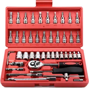 46 pieces 0.64 cm drive socket ratchet wrench set, with drill bit socket set, metric and extension rod, for automatic repair and home use, with storage box  pcs Mechanics Tool Set with Storage Case