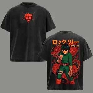 Retro Double Printed Rock Lee Narut0 T-shirt Anime Vintage Acid Wash Tee Unisex Oversized Heavyweight Cotton Shirt  Clothes for Daily Wear and Workout Menswear