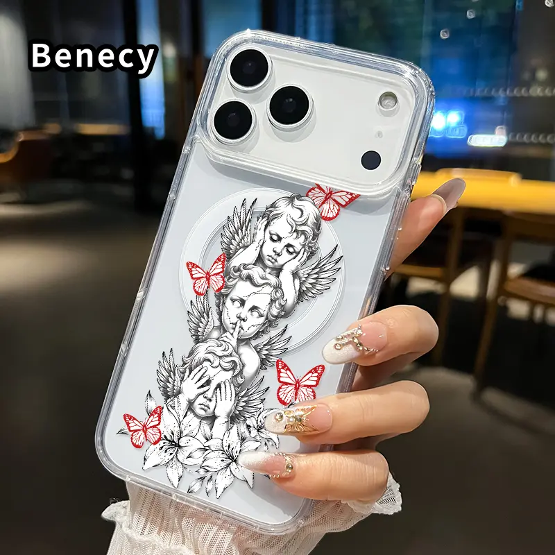 Magnetic Phone Case Supports Wireless Charging for iPhone 17 16  Pro Max Plus 15 14 13 12 11 Air E Angelic Silent Whisper Pattern Non-Yellowing Shockproof Soft Silicone Transparent Acrylic Large Hole Cover