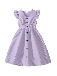 Girl's Striped Print Button Front Dress, Striped Pattern Dress, Casual Butterfly Sleeve V Neck A Line Dress for Summer, Kids Clothes for Daily Wear, Summer Printed Dress