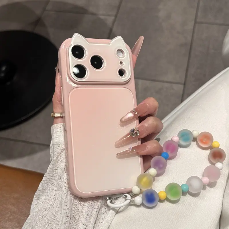 Cute Cat Ear Orange Ombre Phone Case With Orange Bead Wrist Strap, Aesthetic Shockproof Phone Cover For iPhone