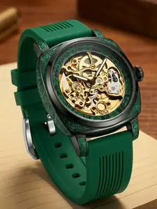 A men's green silicone strap with hollowed out carved large dial design, advanced night light waterproof fully automatic mechanical watch Luminous Analog Watch