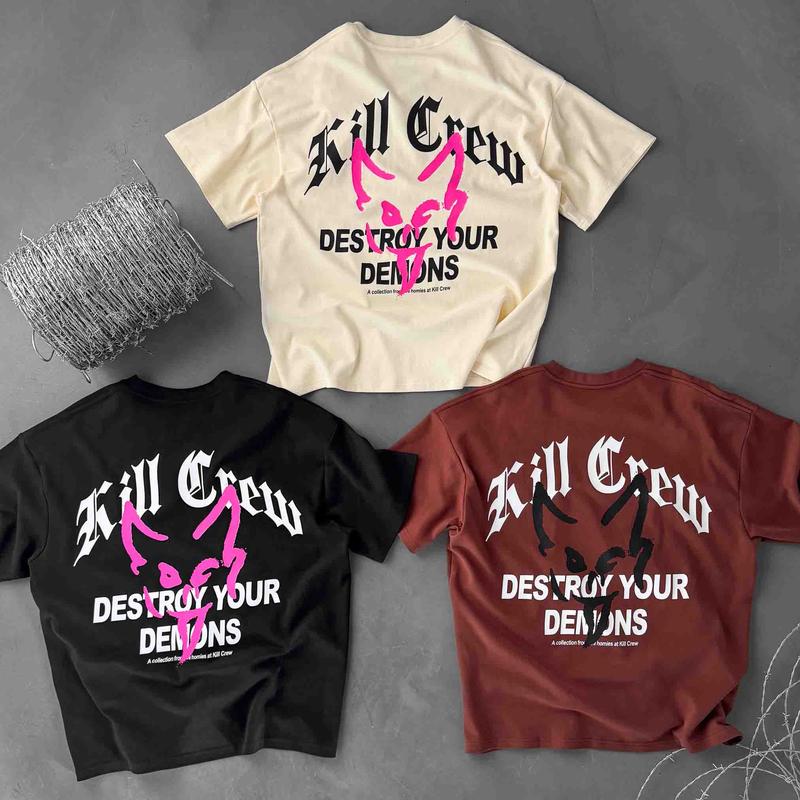 Kill Crew Destroy Your Demons Oversized Lux Hoodies, Relaxed Fit Natural Cotton TShirts, and Cutoffs