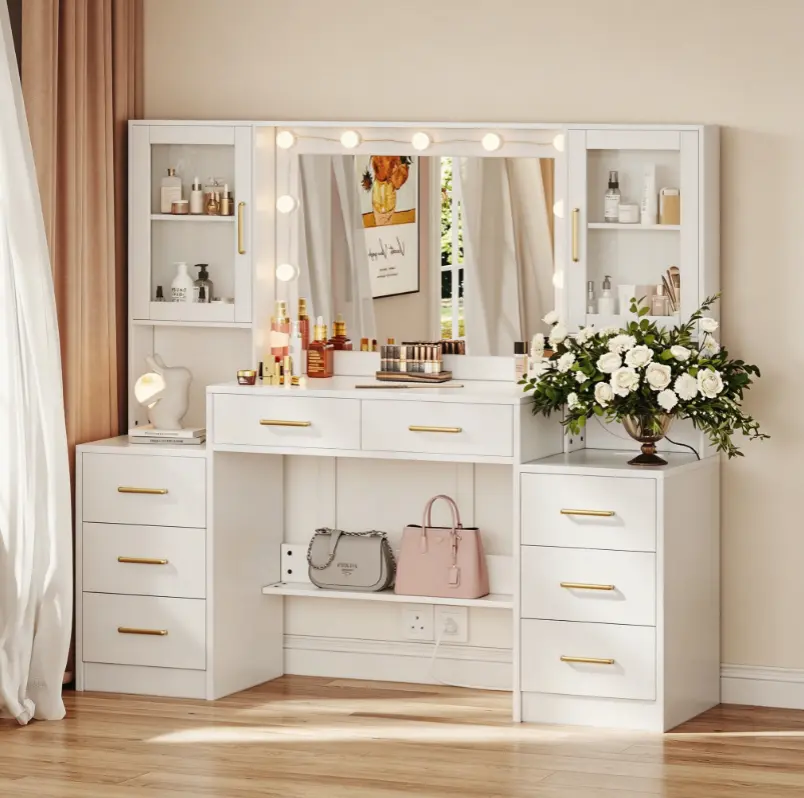 Makeup Vanity Table with LED Light Mirror, Dimmable Lights & Storage Drawers, Vanity Dressing Desk for Bedroom