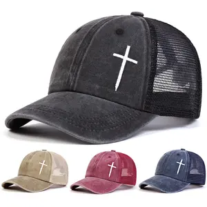 Unisex Cross Embroidered Baseball Cap Mesh Hat Outdoor Adjustable Sunscreen Leisure Hat Travel Tourism Beach Vacation