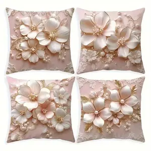 4PC, 2D flat printing, single-sided printing, multiple sizes. 4PCS Pink Floral Embroidered Linen Pillow Covers Made of polyester fiber, machine washable. Suitable for indoor and outdoor decoration (pillow insert not included, not embroidered).