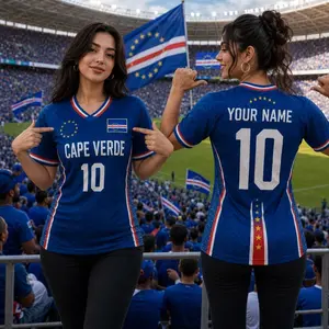 Cape Verde V-neck Short Sleeve Jersey, Custom Name Number Soccer Jersey for Women, Support Football Team Outfit, Gifts for Soccer Fan