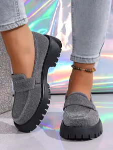 Spring New Silver Color Thick Sole Loafers for Women, Versatile Commuter Slip-On Shoes, PU Leather and Rubber Sole, All Seasons