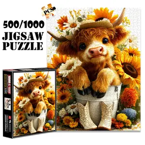 1pc 1000 piece adult puzzle 70x50cm Cute Highland Cow in Bucket with Flowers and Cowboy Boots 500 pieces paper jigsaw puzzle suitable for DIY creative games for adults and families, birthday and ho