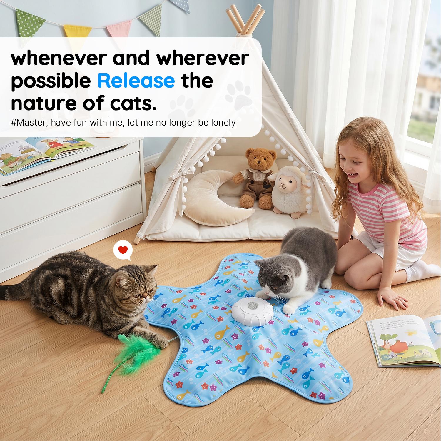 Interactive Cat Toy Mat with 360° Rotating Feather, Automatic Electronic Cat Teaser Toy, Fish & Star Printed Cat Play Mat for Indoor Cats, Stimulating Hunting & Chasing Game Interactive Cat Toy Mat with 360° Rotating Feather, Automatic Electronic Cat Teaser Toy, Fish & Star Printed Cat Play Mat for Indoor Cats, Stimulating Hunting & Chasing Game