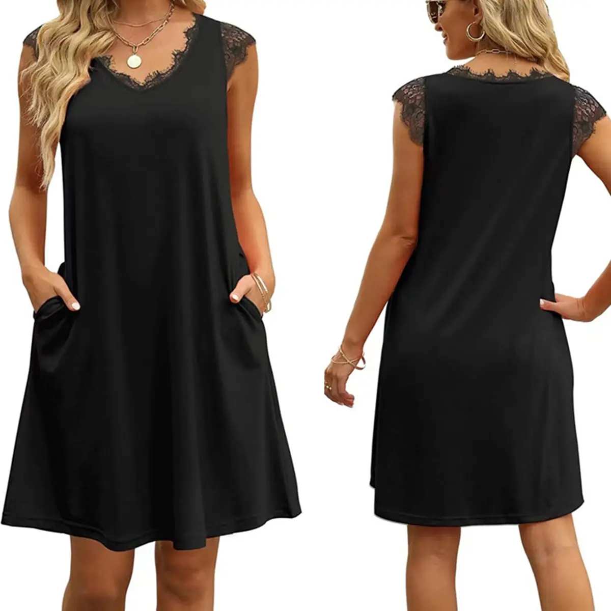 Women's Rayon Lightweight Sleeveless V-Neck A-Line Swing Sundress - Plain, Elegant, Lace Trim, Pockets, Machine Washable, Party, Knitting