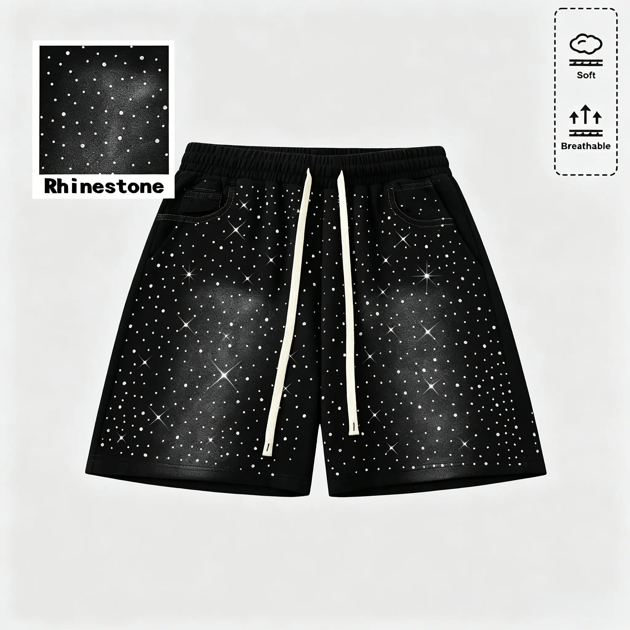 Mens Denim Shorts - Menswear, High-Quality Cotton Blend, Stylish Street Hip-Hop Design, All Rhinestone Detail, Drawstring Waist Adapts to Your Body, Adjustable Waist, Casual Summer Everyday & Outdoor Leisure Wear