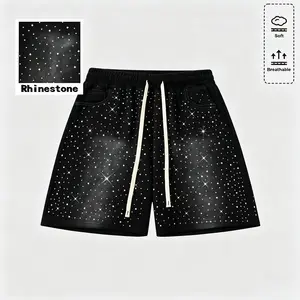 Men’s casual trendy drawstring shorts with an all rhinestone design, street hip-hop style denim shorts made from high-quality cotton—perfect for everyday summer wear and outdoor leisure activities.