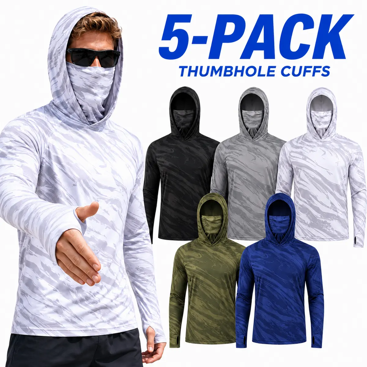 Men's 5-Pack Camo Integrated Face Gaiter Hoodie Shirts, Multi-Size UPF 50+ UV Protection Long-Sleeve Tops with Thumb Holes, Quick-Dry Moisture-Wicking Stretch Breathable for Fishing, Hiking
