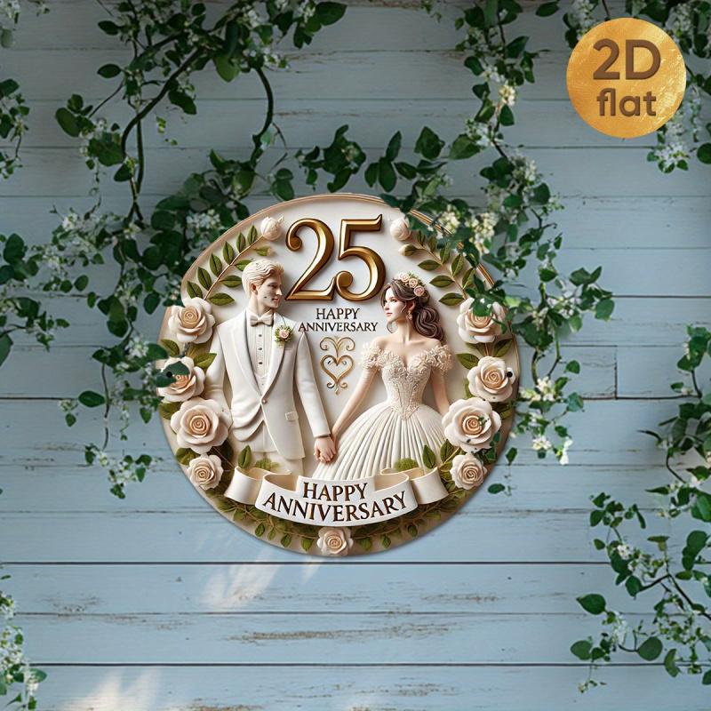 1PC 25th Anniversary Metal Wall Plaque - Old Silver Wedding Celebration Design, 19.99x 19.99cm Round Iron Sign, Featuring a Couple in Formal Attire, Rose and Heart Patterns, Perfect for Home, Office, Bar, Coffee Shop Decoration, Indoor/Outdoor Use, Ideal
