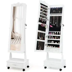 6 LEDs Mirror  Cabinet with Wheels, Lockable  Storage Organizer w/Full-Length Mirror and 3 Adjustable Angles, Floor Standing  Armoire for Living Room Bedroom (White)