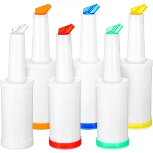6-Piece Professional Bar Juice Pour Bottles Set - 0.9 Quart Juice Pourers for Bartending, Store and Pour Containers for Bar with Leakproof Spouts (Multicolor, 3.7x13 Inch, PP Plastic)
