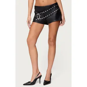 Edikted Women's Studded Belt Faux Leather Micro Shorts